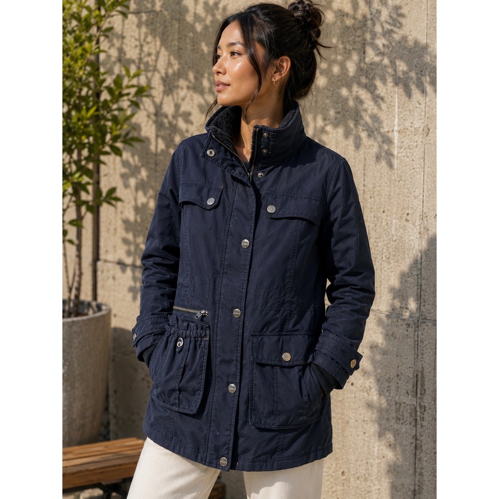 DKNY Womens Large Navy Blue Utility Field Jacket Cargo Pockets Sherpa Lined Coat